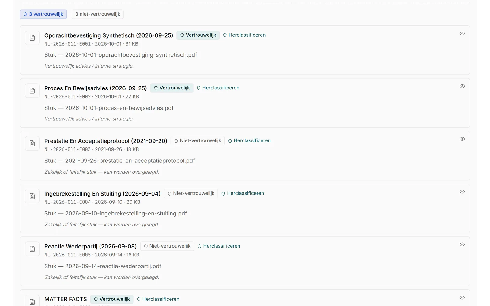 Bewijsregister van een dossier, waarin elk stuk als vertrouwelijk of niet-vertrouwelijk is aangemerkt, met de knop Herclassificeren