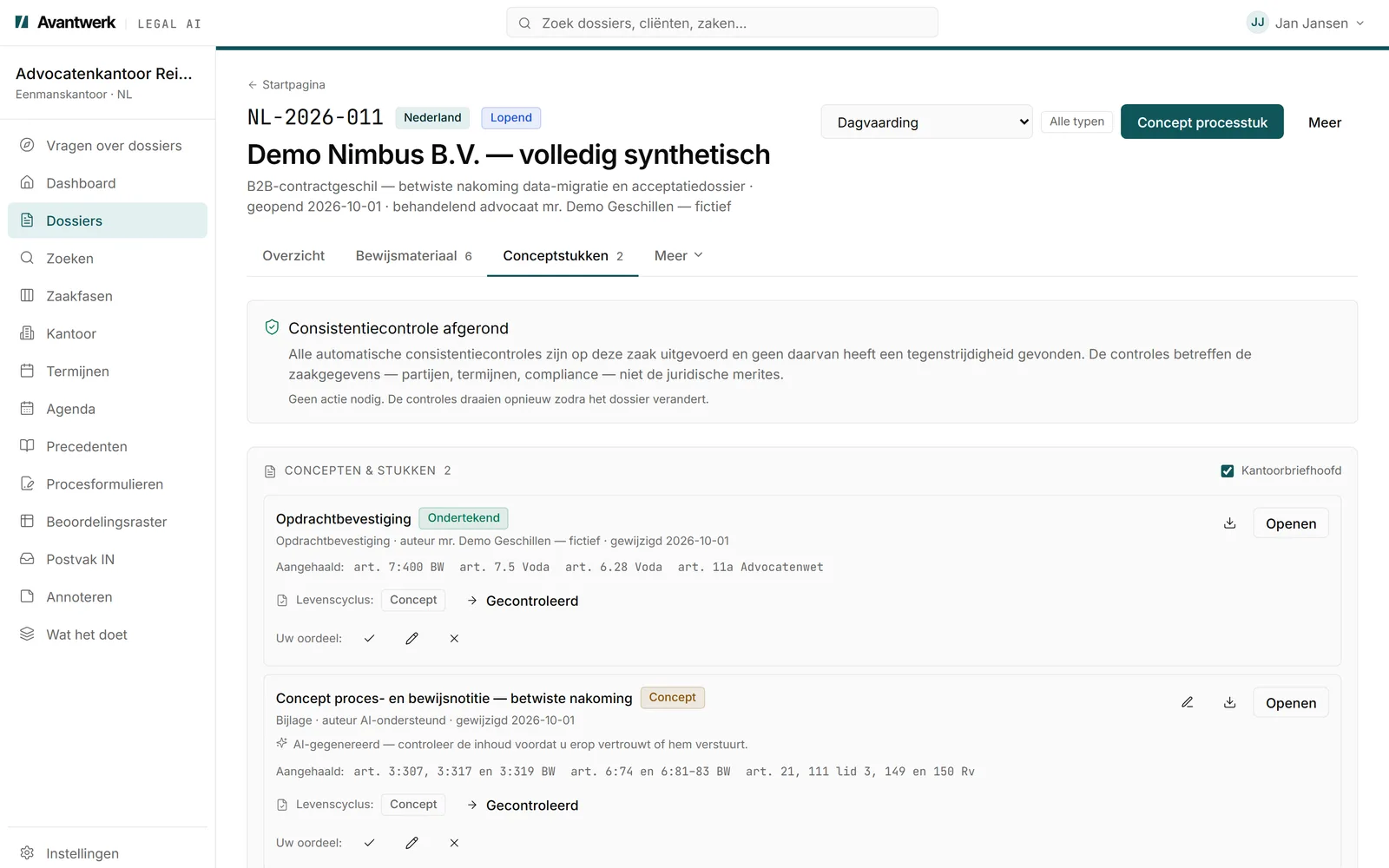 Tabblad Conceptstukken van een demodossier in Avantwerk Legal AI, een geschil tussen twee bedrijven over de nakoming van een data-migratie: een afgeronde consistentiecontrole, een ondertekende opdrachtbevestiging en een conceptnotitie over proces en bewijs met de aangehaalde artikelen uit BW en Rv, de levenscyclus van Concept naar Gecontroleerd en bij elk stuk ‘Uw oordeel’ met accepteren, aanpassen of afwijzen